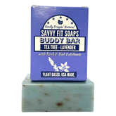 A box of Savvy Fit Soaps Buddy Bar in Tea Tree Lavender with an open soap, highlighting its plant-based, USA-made, and refreshing skincare formula.